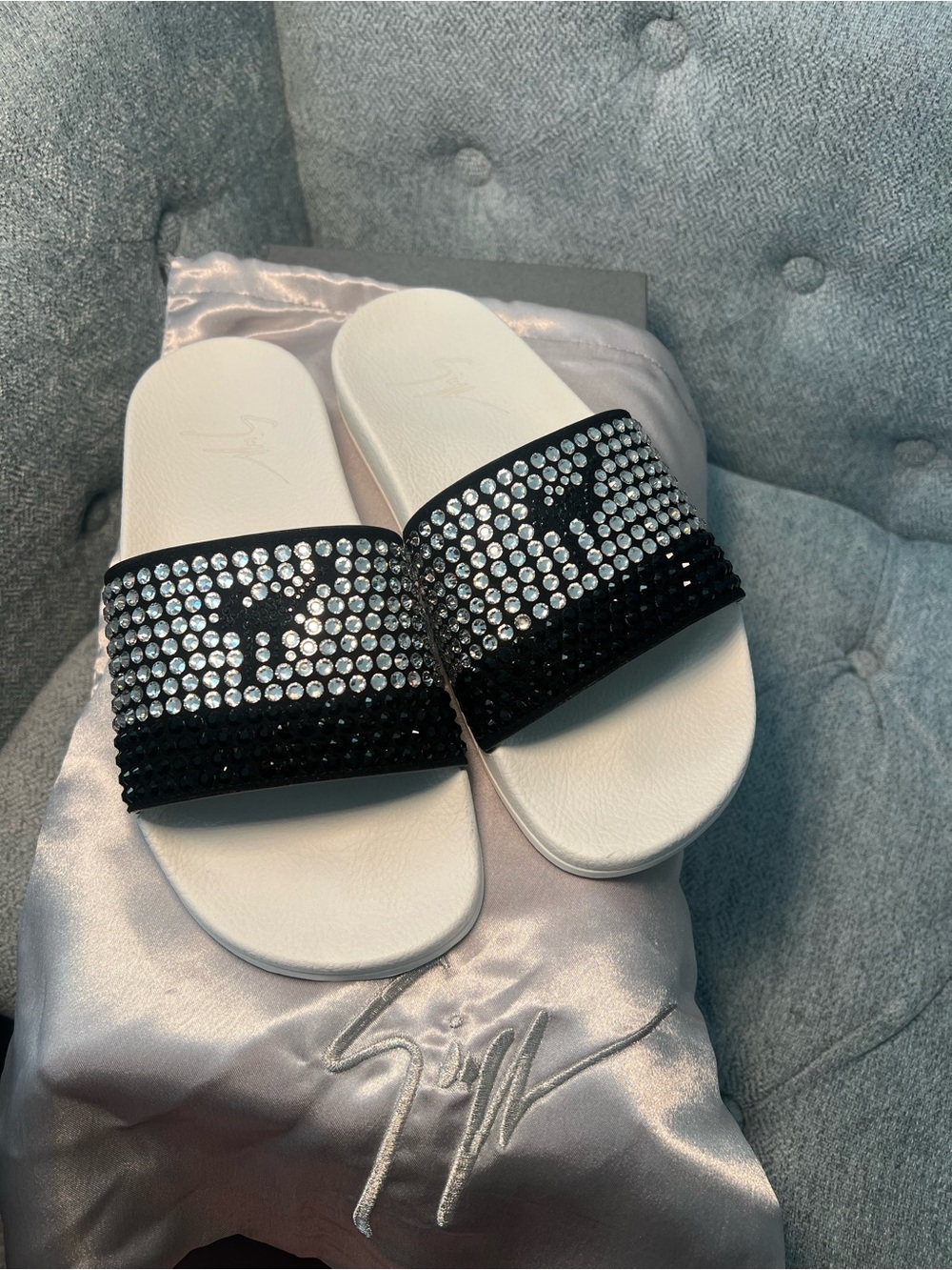 Giuseppe Zanotti Black Crystal Embellished White Footbed Slide Sandals